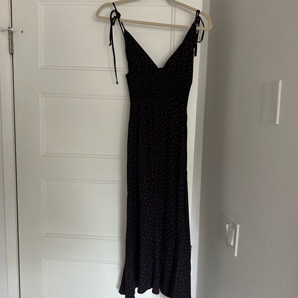 Reformation midi dress black with red polka dots